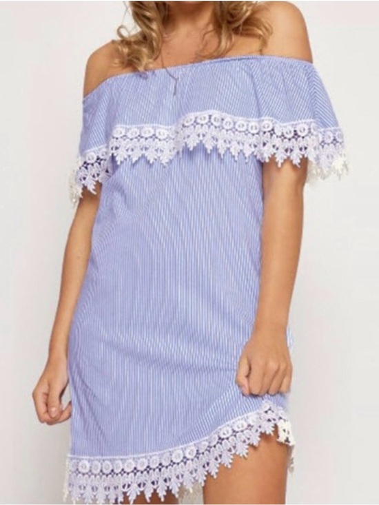 Dresses & Skirts - Blue & White Striped Off-Shoulder Mini Dress Size M – Lace Trim